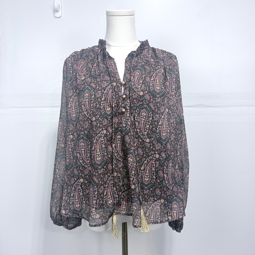 Zara Womens XS Paisley Print Semi Sheer Boho Blouse Tassel Tie Balloon Sleeve